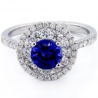 1.25 Round Cut Blue Gemstone Double Diamond Halo Engagement Ring Set in 18K White Gold